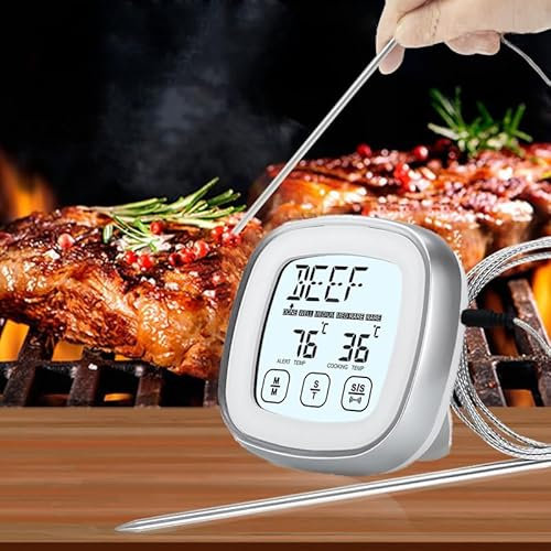 Digital Meat Thermometer, Touchscreen Meat Thermometer, Full Waterproof Cooking Grill BBQ Thermometer with Stainless Steel Long Food Temperature Probe, for Oven, Candy, BBQ(Without Battery)