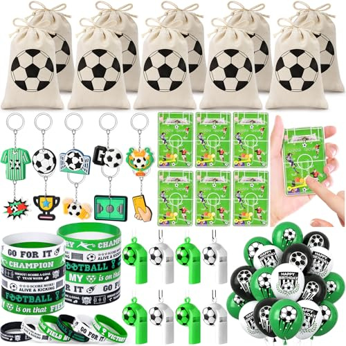 Fußball Mitgebsel Kindergeburtstag Junge mit Kinder Fußball Flipperspiel | Fussball Deko mit Luftballon Jutebeutel mit Kordelzug Trillerpfeife Armband Schlüsselanhänger Party Geburtstag Mitgebsel