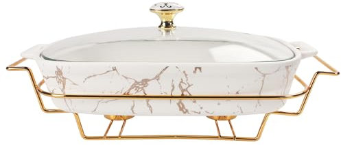 jinsongdafa Porcelain Casserole Baking Dish with Glass Lid and rack,1200 ML Serving Soup Tureen, Chafing Dish for Buffet, food preserve Tray, Catering Casserole for Party Style