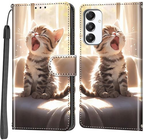 Phone Case for Samsung Galaxy A16 4G / A16 5G, Leather Flip Cover Shockproof Protective Case with Card Slots Magnetic Closure Wallet Case Happy cat