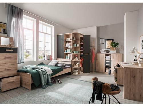 Lomadox Jugendzimmer Set 7-teilig mit Bett 90x200cm in Eiche mit Graphit, inkl. Hochkommode, Eckkleiderschrank, Garderobenstange, Highboard, Schreibtisch, Rollcontainer