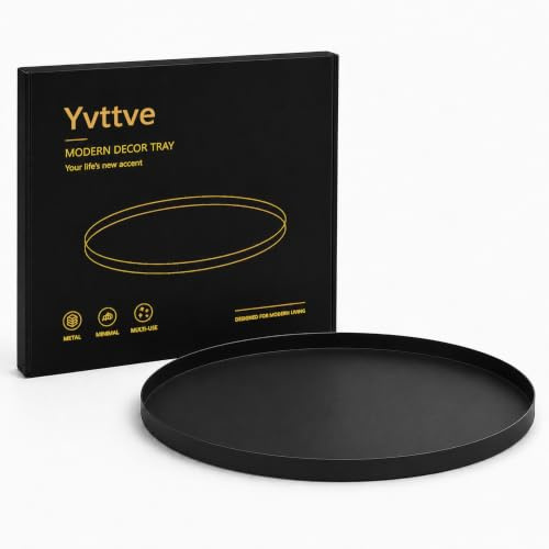 Yvttve Rund bricka i svart metall med 3 halkfria | Serveringsbricka Rund Dekortallrik Dekorbricka Matt för adventskrans Tallrik (Svart, Ø 40 cm)