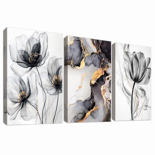 3Pcs Cadre en Bois Impression sur Toile Aquarelle Fleurs de Coquelicot Tableau Image sur Toile Marbre Noir Cendre Or Abstrait Peinture Tableau Decoration Murale Salon Chambre Salle de Bain 30x40cm x3
