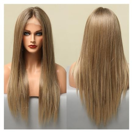 Perücken Echthaar Lange, seidige, gerade Lace-Front-Perücken for Damen, Ombre-Braun-Blond-Spitze, synthetische Perücken, for den täglichen Gebrauch auf Partys, hitzebeständig Perücken