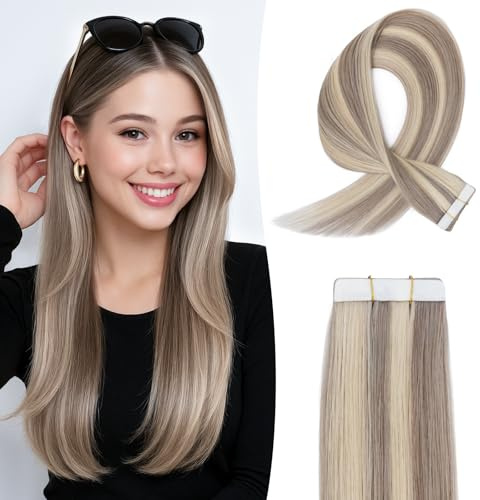 MY-LADY Extensiones Adhesivas Pelo Natural 10pcs Rubio ceniza/rubio 30 cm Extensiones de Cabello Humano Corto Tape de Pelo Remy Invisible (15g, 1.5g/pcs, #18P613)