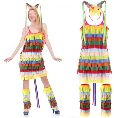 Cotwinter Piñata-Kostüm für Damen, mehrfarbig, mit Riemen, Stirnband, Beinärmel für Halloween, Cosplay, 3 Stück