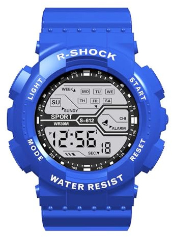 Mäns sport mode handled LCD stoppur datumklocka gummi digital pojke herrklocka små klockor, BLÅ, En storlek
