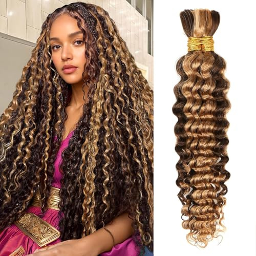 Vallbest Human Braiding Hair for Boho Braids 20 Inch 100g Color 4/27 Highlight Deep Wave Boho Bulk Human Hair for Braiding Knotless 10A Curly Wet and Wavy Bohemian Braids No Weft 2 Bundles