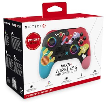Gioteck WX5+ Doodle - Wireless Controller for Nintendo Switch 2 - Chat Menu Button - Hall Effect Thumbs and Triggers - Customisable RGB - Programmable Back Buttons