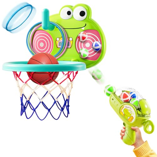 Mini basketkorg inomhus, 3-i-1 barn basketkorg set (kardborreband skjutleksak + ring toss spel), vikbar småbarn basketkorg, mini basket och pump, leksak för 3,4,5,6 år