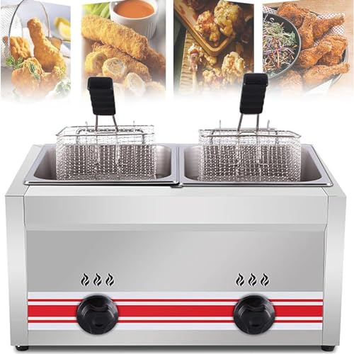 Friteuse Gaz Professionnelle,Puissance Feu Réglable,Friteuse à Gaz Commerciale En Acier Inoxydable 20l/30l Avec Pelle à Panier, Friteuse à Gaz Pour Frites Beignets Poisson Doublecylinder10l+10l