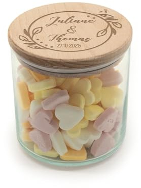 GRAVURZEILE Vorratsglas mit graviertem Holzdeckel - Blumenkranz - Personalisiert mit Name & Datum - Keksdose Bonbonglas mit Deckel - Vorratsdose - Geschenk für Paare zur Hochzeit - 530 ml