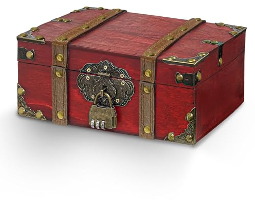 xiaowanwan Cofre del Tesoro,Caja Tesoro Madera,24 x 17 x 9.5cm,Cofre Vintage para Fiestas Accesorios,Almacenamiento y Decoraciones (Rojo)