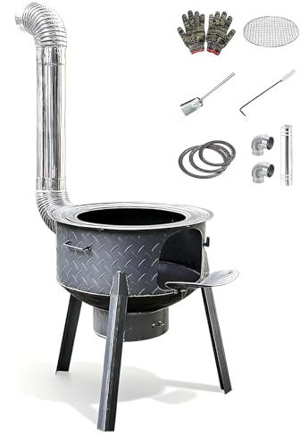 Campingkocher für den Außenbereich mit Rauchrohr Tragbarer Kaminofen Holzofen mit 2mm Dicker Stahlplatte zum Braten, Kochen, Dämpfen und Grillen(43 * 43 * 60cm)