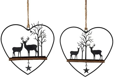 Deko-Hänger aus Metall & Holz – rund oder Herz – Hirsch mit Baum oder Häuserzeile – Wand- & Fensterdeko Winter Weihnachten (Hirsch Herz)