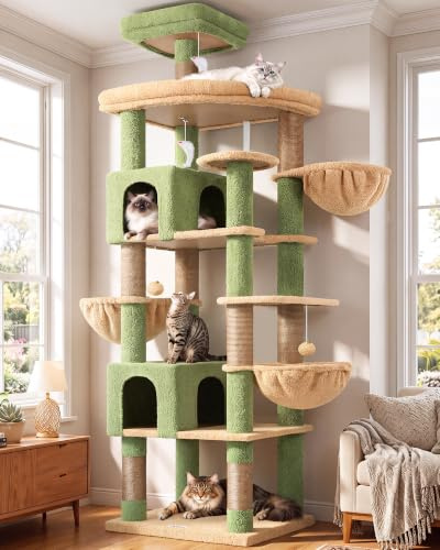 Globlazer Árbol Rascador Cactus Verde XXL Alto 209 cm con 2 Nidos, 55 * 45CM Plataformas Acolchada, 3 Cesta, Percha Superior, Juquetes Gatos, Lujo Rascador para 3-5 Grande Gatos Adultos (S82, Verde)