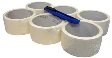 GMS – Pack 6 Rollos de Cinta de Embalar Blanca + Cutter | Precinto Adhesivo 48mm x 66m | Cinta de Embalaje Resistente para Paquetes, Cajas, Envíos y Mudanzas (6 Rollos Blanco + Cutter)