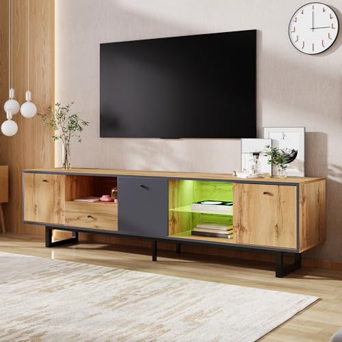 Meuble TV bas 180 cm gris noir aspect bois avec éclairage LED, portes en verre, tiroir, fermeture amortie, pieds en fer, meuble TV jusqu'à 80, buffet, tableau multimédia, tableau industriel, salon