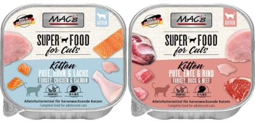 MAC’s Cat Mixpaket 10 x 100g | Nassfutter für Kitten & Junge Katzen | Getreidefrei | 2 Sorten mit Pute, Ente, Rind, Huhn & Lachs | Hoher Fleischanteil