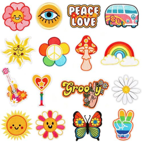 DiiWmme 16 Stück Patches zum Aufbügeln, Retro Hippie DIY Flicken Bügeln | Dekoraktive Gestickte Applikation Bügelpatches mit Frieden Regenbogen Herz Bügelpatches für Jeans Jacke Rucksack Kleidung