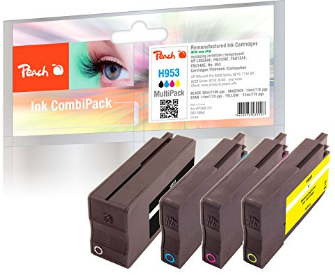 Peach H953/957 Spar Pack Druckerpatronen (BK, C, M, Y) ersetzt HP No. 953, L0S58AE, F6U12AE, F6U13AE, F6U14AE - kompatibel zur neuesten Drucker Firmware - für z.B. HP OfficeJet Pro 7740 WF