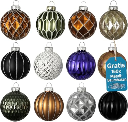 Premium Weihnachtskugeln 12 teiliges Set Echtglas Glaskugeln Weihnachten Weihnachtsdeko Tannenbaumkugeln Glas Christbaumkugeln Weihnachtsbaum 6 cm (G6)