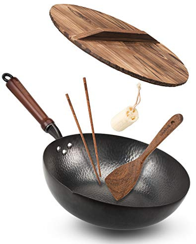 BIELMEIER Wok Pan 12.5, Woks and Stir Fry Pans with lid, Carbon Steel Wok with Cookware Accessories, Flat Bottom Suits for all Stoves