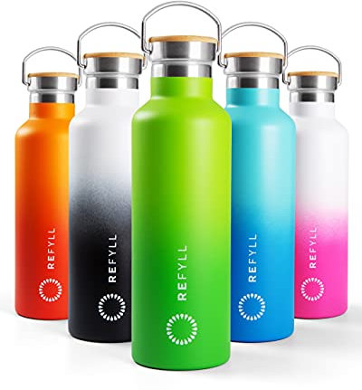 REFYLL Trinkflasche Edelstahl 750ml - “colorFYLL” I Thermoflasche für die Schule, Kinder, Arbeit - Kohlensäure geeignet I Wasserflasche auslaufsicher + BPA frei I (Apple Green)