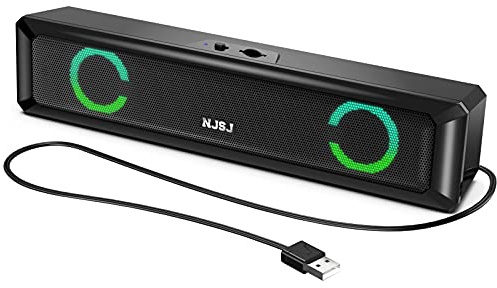 NJSJ Casse PC, Soundbar PC Illuminata RGB, Gaming Accessori, Alimentazione USB, Jack 3,5 mm, Barra Audio, Altoparlanti per Computer, Portatile, TV, Tablet, Smartphone, Nero, 28 x 4.5 x 6 cm