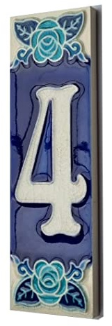 Numero civico Fosforescente dipinto a mano in ceramica italiana con numeri e lettere piastrelle, Rose Design, Piastrelle Dimensioni: 15cm x 5cm (numero 4)