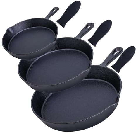 Bruntmor 6, 7.5, 10 Inches Black Pre-seasoned Cast Iron Frying Pan Set of 3, Oven Safe Cast Iron Skillet, Cast Iron Grill Pan Set, Nonstick Cookware And Bakeware For Casserole Dish