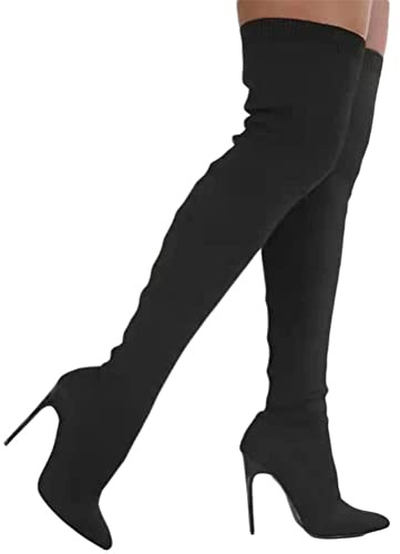 ORANDESIGNE Femme Bottes Longues Tricotées Chaussures à Talons Hauts de Mode Bottes Tricotées à Bout Pointu de Couleur Unie Bottes Stretch Bottes à Enfiler Respirantes B Noir 38 EU
