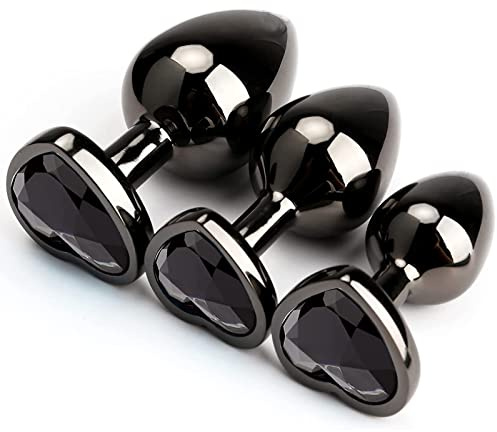 Juego de 3 piezas de juguetes de metal de lujo en forma de corazón, entrenador anal joya, kit de tapones para los glúteos S&M para adultos, gay solo, sexxy, parejas, grande/mediano/pequeño (negro)
