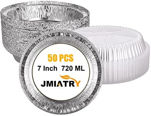 JMIATRY 50 Pack 7 Inch Round Foil Trays with Lids, 720ML Disposable Foil Food Containers with Transparent Lids, Aluminum Round Foils Trays for Party, Baking, Takeaway and Food Storage