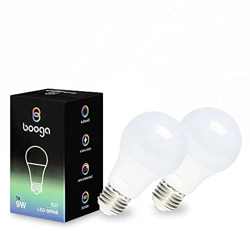 Booga LED E27 Glühbirne Leuchtmittel - 9 Watt - kaltweißes Licht - 6500K - Milchglas - Energiesparlampe - LED-Birne - 220-240V AC, 2er Set