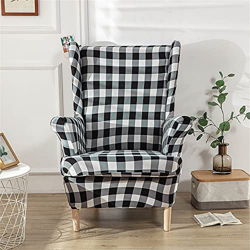 Highdi 2 Teilig Ohrensessel Überzug, Sessel-Überwürfe Ohrensessel Schonbezüge Bezug Sesselhusse Elastisch Stretch Tiger Stuhlbezug mit Armlehne Hohe Rückenlehne (schwarzes Plaid)