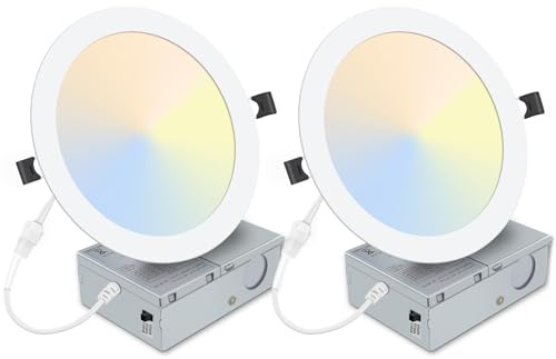 LZHOME 2 Pack 8 Inch LED Recessed Light- Ultra-Thin Recessed Ceiling Lighting with Junction Box, 3000K/4500K/6000K Selectable, 1800LM High Brightness, Dimmable Canless Downlight Fixtures