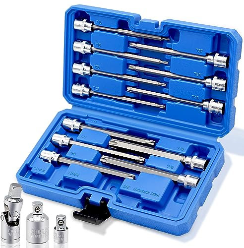 RIZOM Juego de 15 llaves de vaso Torx extra largas de 3/8 pulgadas, T10-T60 Star Bit Set, CR-V y S2 de acero