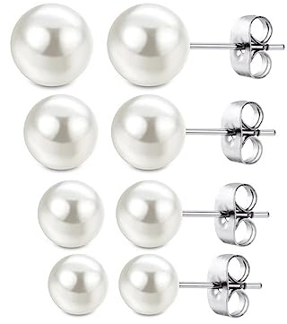 PLABBDPL 4 Paires de Boucles d'Oreilles en Argent 925 pour Femmes - Perles d'Eau Douce Blanches - Bijoux 4mm/6mm/8mm/10mm