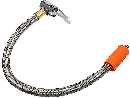 QUARKZMAN Manguera Inflador Neumáticos 13.8 Acero Inoxidable 1Pc | Color Plateado, Longitud 35Cm/13.8, Rosca M6X1, Conexión Mandril Aire Doble Bloqueo, Para Autos, Camiones, Motos, Bicis