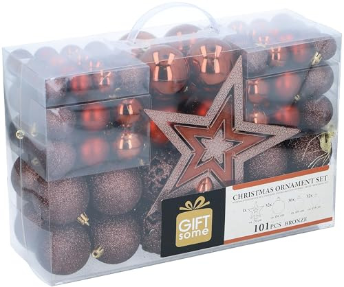 Giftsome 101 Bolas de Navidad - Adornos Navideños Bronce - Decoración Navidad Plástico - Ø3/4/6 CM - para Uso Interior y Exterior - Mate, Brillante, Reluciente y Abierto