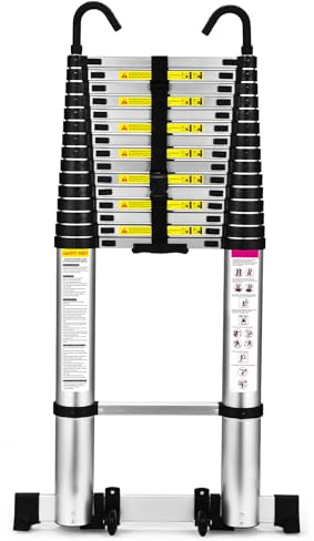 Soctone Telescoping Ladder, 20.3 FT Aluminum Lightweight Extension Ladder with Wheels and Stabilizer Bar, Heavy Duty 330lbs MaxCapacity, Multi-Purpose Collapsible Ladder for RV or Outdoor Work