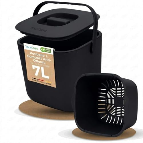 YourCasa Biomülleimer Küche 7L - Komposteimer mit herausnehmbarem Sieb & Deckel - geruchsdicht, spülmaschinenfest & ohne Biomülltüten - Bio Mülleimer für selteneres Entleeren (Schwarz)
