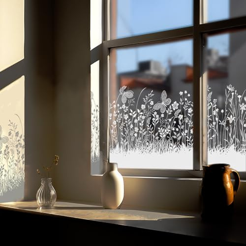 ChicSkin fensterbilder frühling Reinweiße Wiesen Schmetterling 39x150cm | Selbstklebend, Mehrweg fensterfolie blumen, Frühlingsdeko Wohnzimmer Schlafzimmer Bad Küche fensterdekoratio fenstersticker