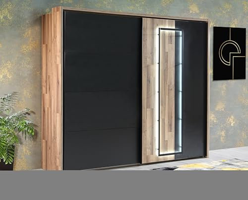 FORTE Sirius Crown Schrank 280 290, Kleiderschrank mit LED Beleuchtung, Schwebetürenschrank groß Schlafzimmer Dunkel Holzdekor: Schwarz Eiche/Stabeiche, 281 cm breit x 216 cm hoch x 64 cm tief