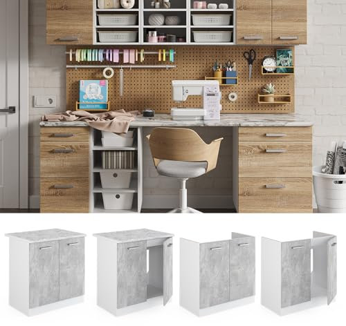 Vicco Spülenunterschrank R-Line, Beton, 80 cm mit Türen, mit Arbeitsplatte, zur Montage unter Arbeitsplatten in Küchenzeilen geeignet