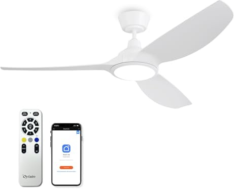 Ovlaim 132 cm Smarter weißer Deckenventilator mit Licht und Fernbedienung, Hoher Luftstrom leiser DC-Motor moderner 3-Flügel-Deckenventilator für Schlafzimmer, Wohnzimmer