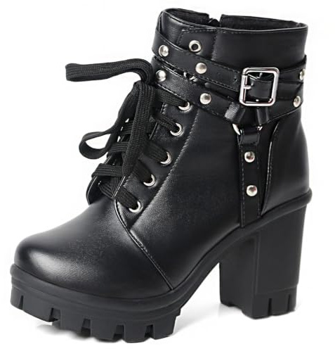 MEOTINA Goth Platform Heel Boots Punk Studded Lace Up Women Combat Booties