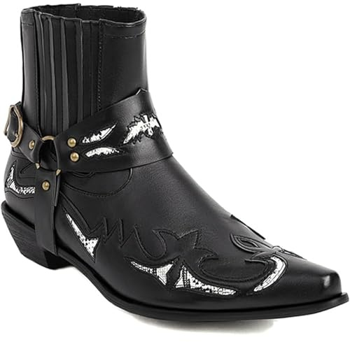 OPPOQ Herren Western Stiefeletten Schnallenriemen Stiefel Retro Leder Square Toe Cowboy Kurze Stiefel Cowboy Motorradstiefel,Schwarz,45