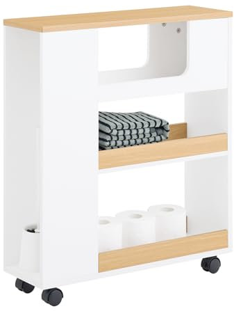 SoBuy Badezimmerschrank Schmal mit Rollen Waschbeckenunterschrank Papierrollenhalter, Verstecktem Fach für WC-Bürste, Nischenschrank Kommode für Badezimmer Weiß und Holzoptik 60x20x71cm BZR190-WN